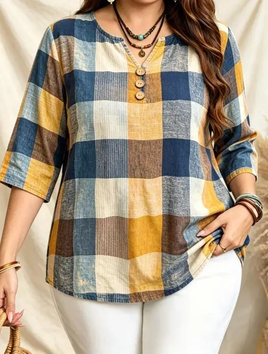 Plus Size Plaid Blouse Notch V Neck 3/4 Sleeve Wooden Look Front Buttons Loose Vintage Washed Casual Shirt
