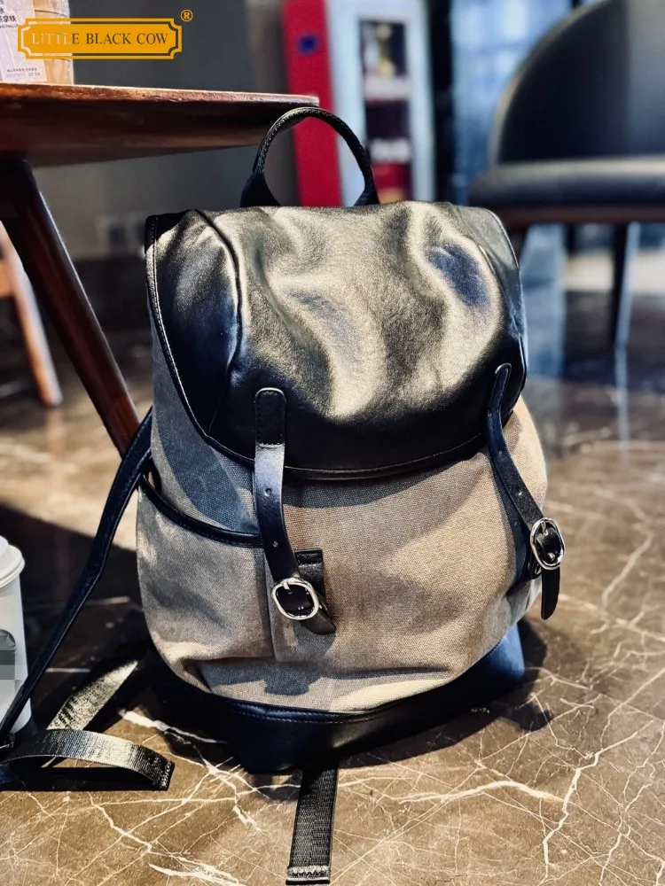 New Large Capacity Women Fashion Travel Backpack Casual Genuine Leather Spliced Canvas Bag Female Drawstring Harajuku Backpacks