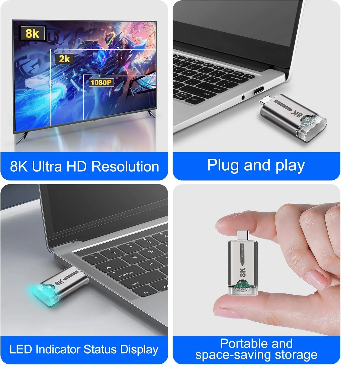 8K USB Type-C Dummy Plug Display EDID Emulator | USB-C HDR Virtual Monitor Headless Ghost Adapter Supports 7680x4320 with LED