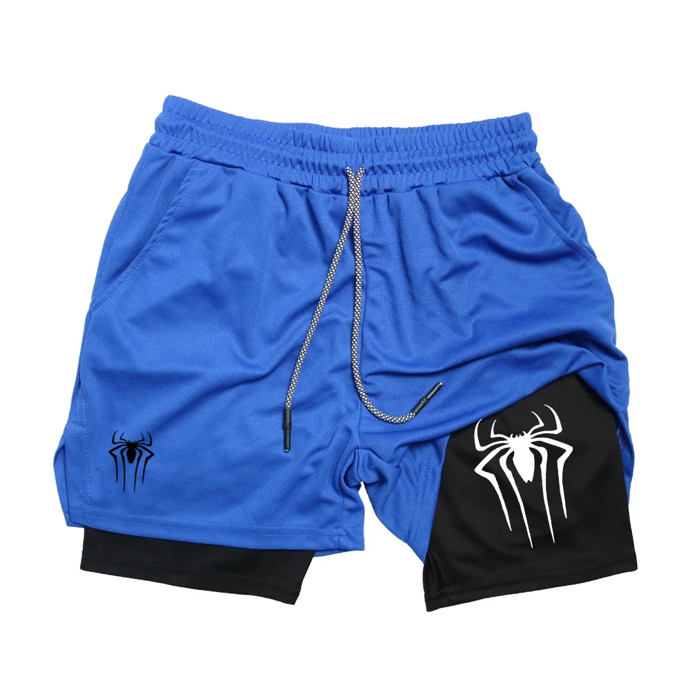 2024 Shorts for Men Summer Spider Printed GYM Casual Sports Compression Shorts Workout Running Mesh 2 in 1 Sport Short Pants