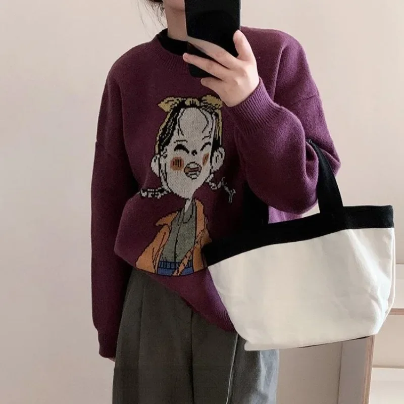 DIMANAF New Autumn Plus Size Sweaters Pullover Oversize Cartoon Women Printing Floral Sweaters Knitting Loose Sweater