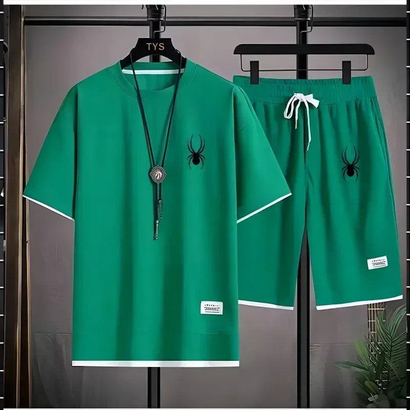 เกาหลี Spider ผู้ชายแขนสั้นเสื้อยืดและกีฬากางเกงขาสั้นฤดูร้อนชุดลําลอง Joggers ชุดผู้ชาย 2 ชิ้น