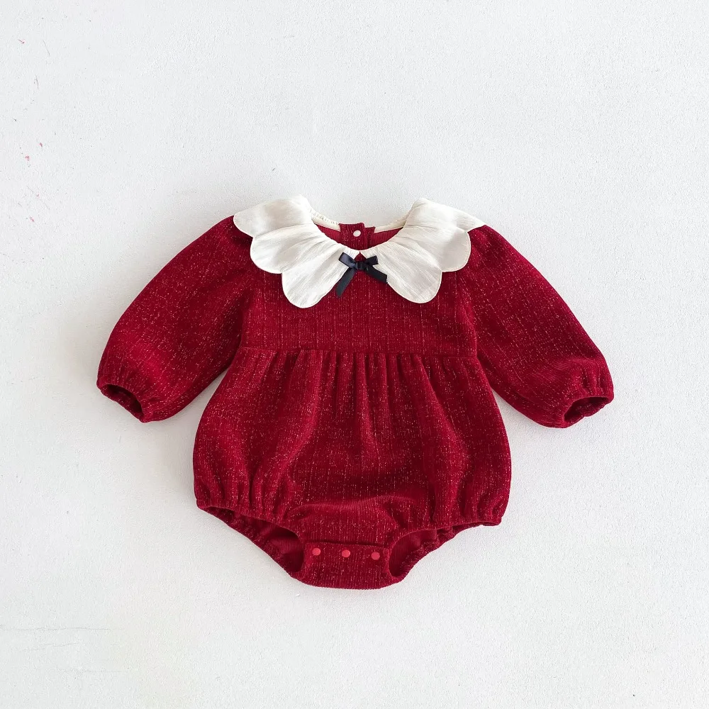 Princess Baby Girl Romper 0-2Years Cute Newborn Long Sleeve Flower Collar Bow Bodysuit Birthday Party Outfits Autumn Clothes