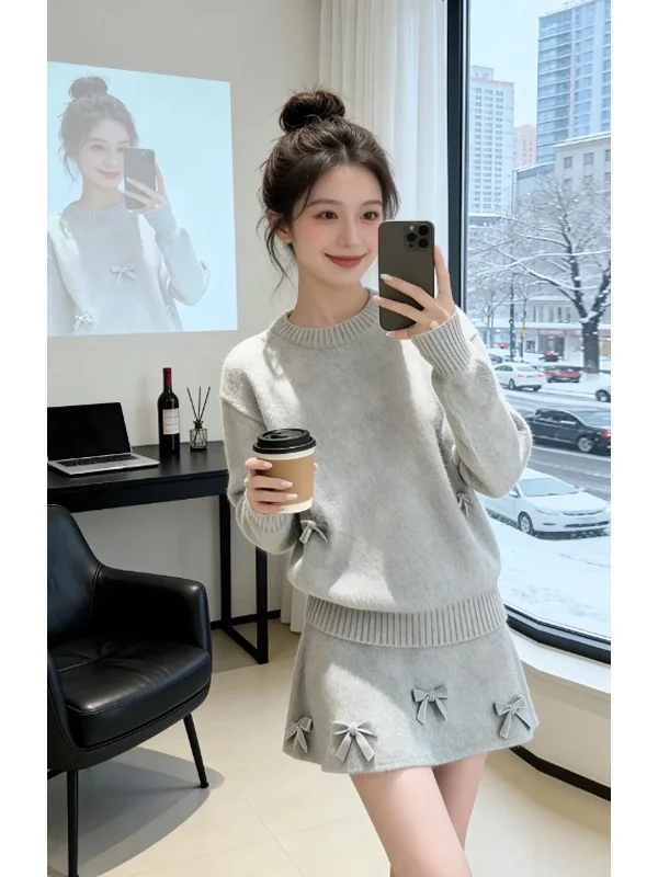 

Faionable Autumn Winter Knot Knitted Sweater And Skirt Women's Two Piece Set Comfortable High Waist ort Skirt