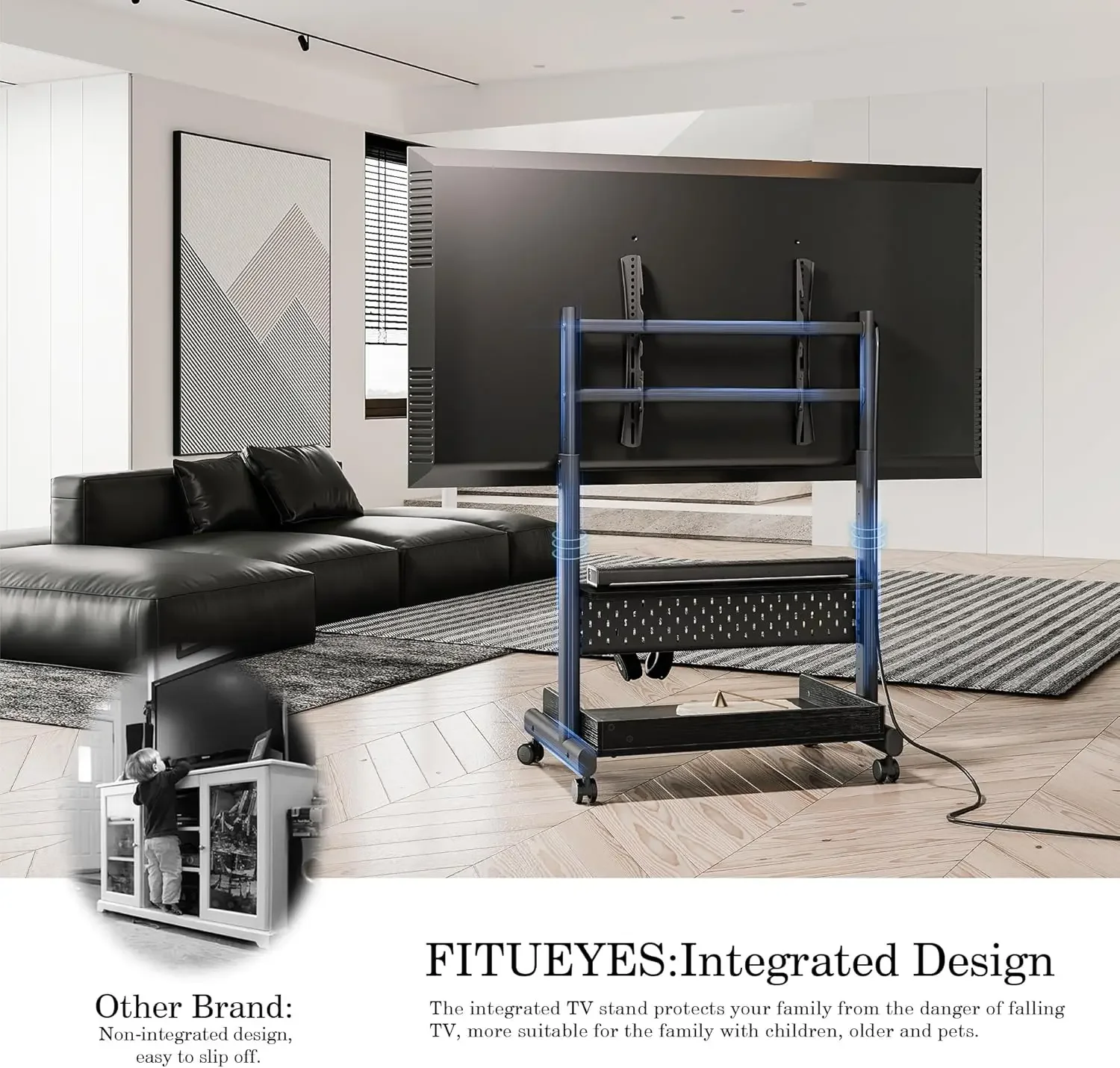 Rolling TV Stand - Portable Floor TV Stand Mount on Wheels for 40-85 Inch TV, Mobile TV Stand Cart with Wooden Shelf for Living