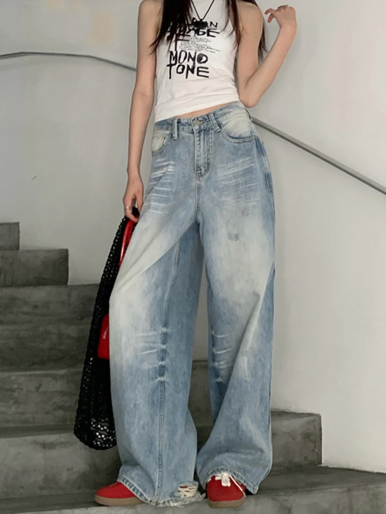 Retro Große Größe Denim Gerade Bein Hosen frauen Hohe Taille Lose Breite Bein Lange Hosen Herbst Winter Abnehmen Wirkung