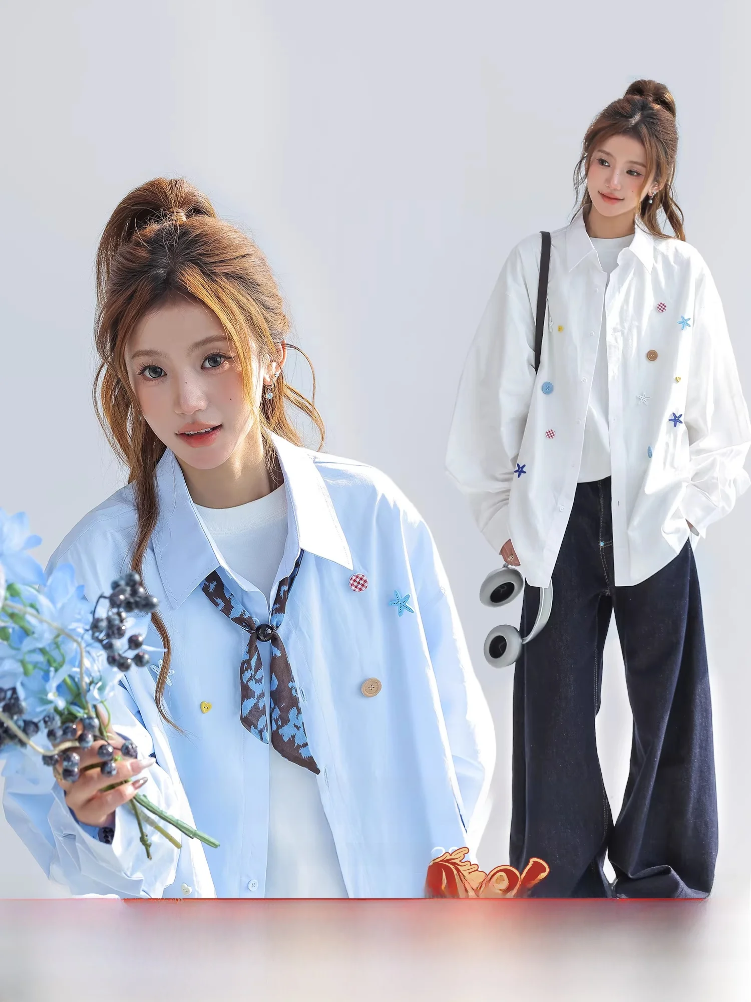 

Женская рубашка свободного кроя из чистого хлопка с длинными рукавами, на пуговицах, с узором в виде звезд, в корейском стиле, дышащая, влагоотводящая, верхняя одежда