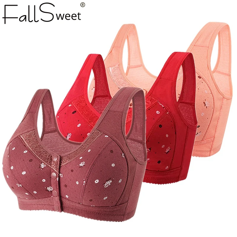 

FallSweet Plus Size Front Closure Soft Cotton Seamless Sports Bra for Women Thin Comfortable Underwear for Spring & Summer