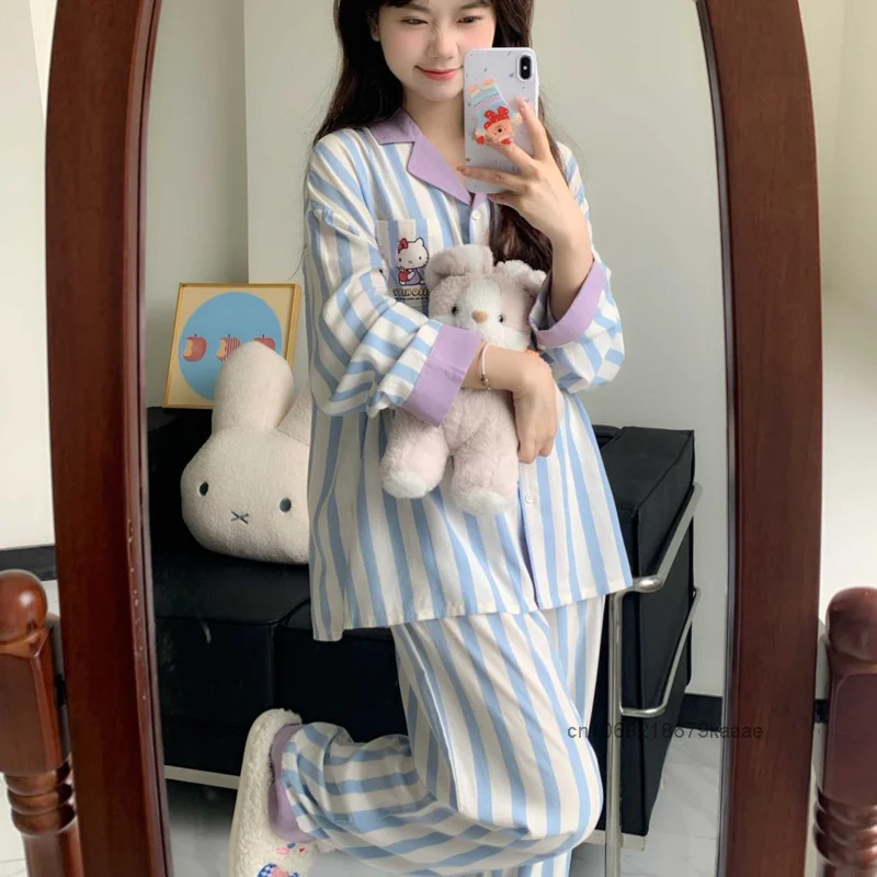 Sanrio Hello Kitty Cute Sweet Y2k Girl Striped Sleepwear Women Spring Autumn New Loose Pajamas Korean Style Trend Home Suit Set