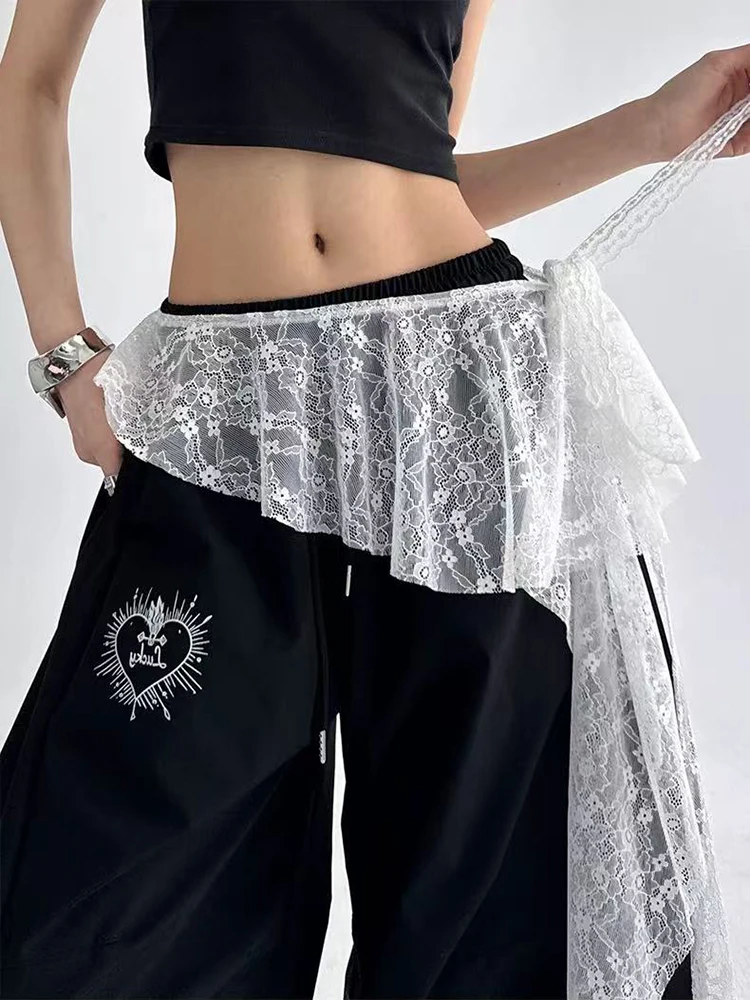 

Korean Irregular Lace Women Mini Skirts Y2K High Waist Lace Up Embroidered Flower Split Skirts Fashion Streetwear Ruffles Skirts
