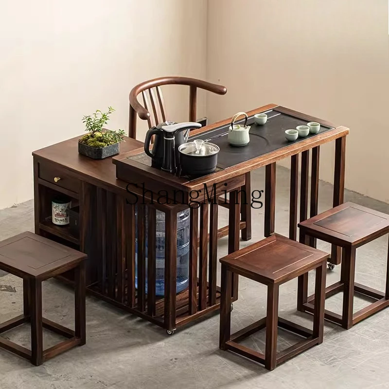 

SM rotatable tea table cabinet solid wood movable tea table balcony household table and chair combination