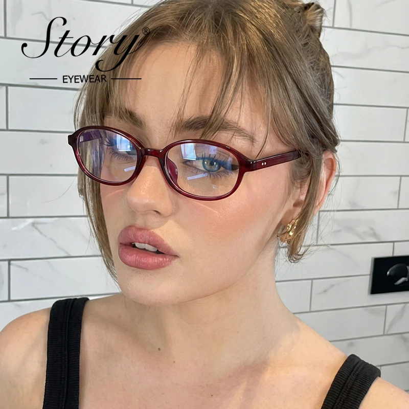 STORY Retro Nieten Oval Büro-Sirene Blau Licht Blockieren Gläser Frauen Mode Vintage Wein Rot Anti Blaues Licht Gläser PS3995N