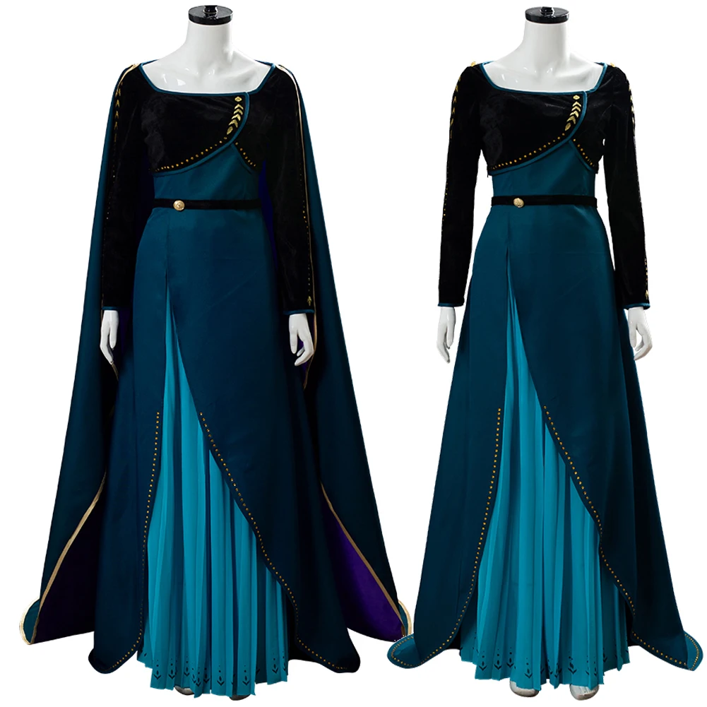 Anna Cosplay Coronation Queen Dress Costume Dark Green Dress Long Ball Gown Cape Outfits Cartoon Movie Ice Women Halloween Suit