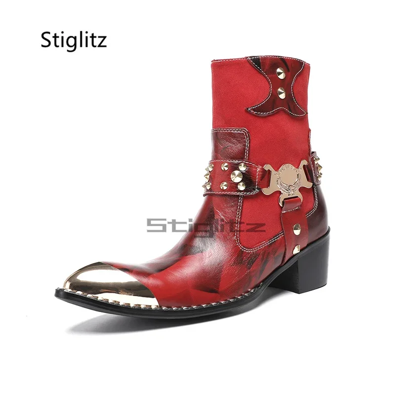 

Красные кожаные мужские ботинки с заклепками в стиле пэчворк, ботинки челси из натуральной кожи с металлическим носком на высоком каблуке, ботильоны с боковой молнией, мужская обувь