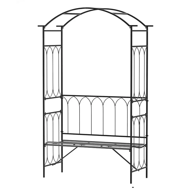 Idyllic wrought iron with seat arch, outdoor garden grass vine climbing frame