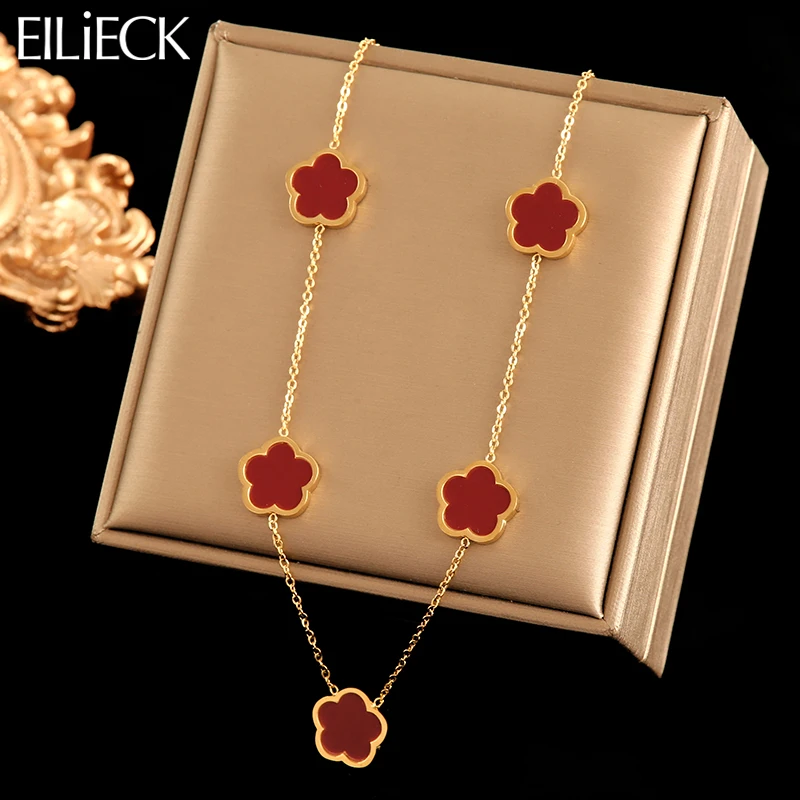 EILIECK 316L Stainless Steel Red 5-Leaf Flower Necklace For Women Fashion New Party Gift Clover Neck Chain Jewelry Collar