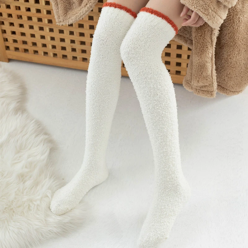 Long Winter Women Socks Warm Thigh High Stockings Coral Fleece Soft Fluffy Over Knee Socks Solid Candy color Sock Calcetines