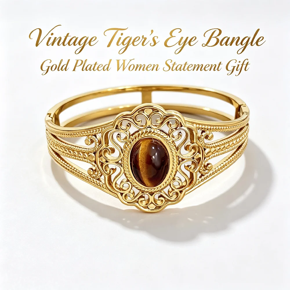 Greatera Brand Man Woman Stainless Steel Tiger Eye Stone Crown Gold Color Bangle Festival Luxury Vintage Waterproof Jewelry