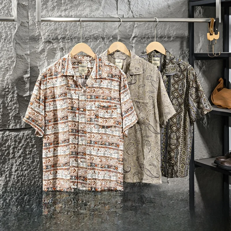 

Retro Cuban Collar Linen Shirt Men's Short Sleeve Draping Floral Print Casual Loose Fit Breathable Summer Fashion Shirt