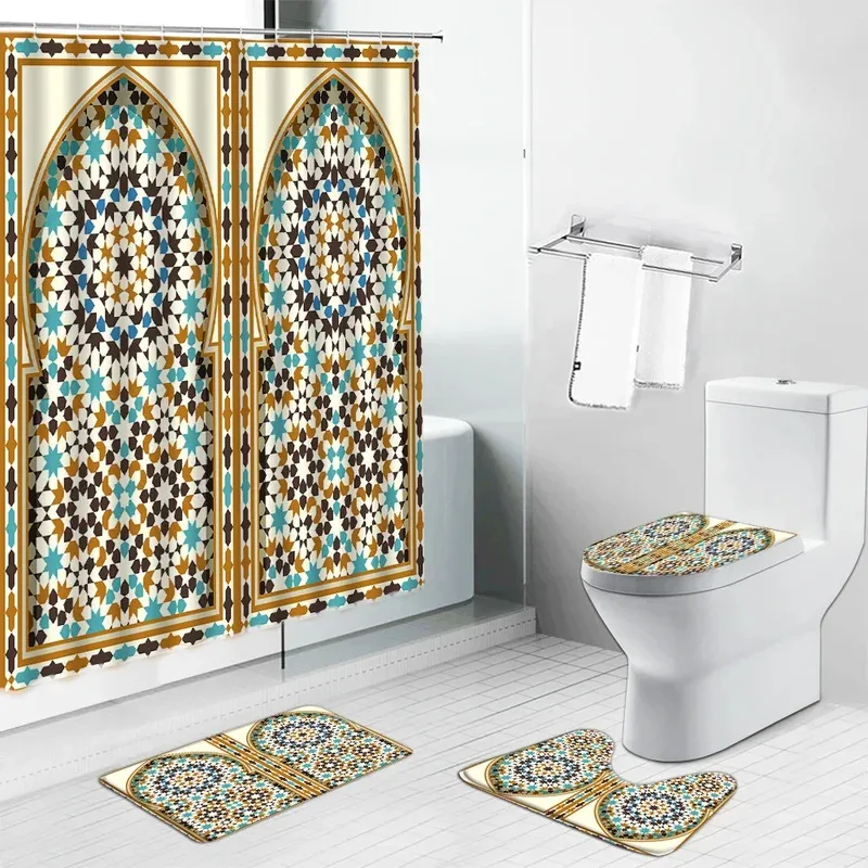 

HKL22Arabic Arch Morocco Antique Doors Shower Curtain National Style Bathroom Curtains Non-Slip Rug Set Toilet Lid Cover and3Lh!