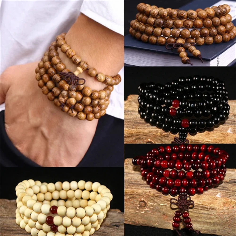 خشب الصندل الطبيعي سوار الرجال البوذية بوذا التأمل حبة سوار للنساء الصلاة 108 الخرز الوردية شنقا الديكور