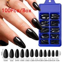 100Pcs/Box Black Almond Fake Nail French Mid-length Solid Color Matte False Nail Tips Artificial Full Cover Press on Nails