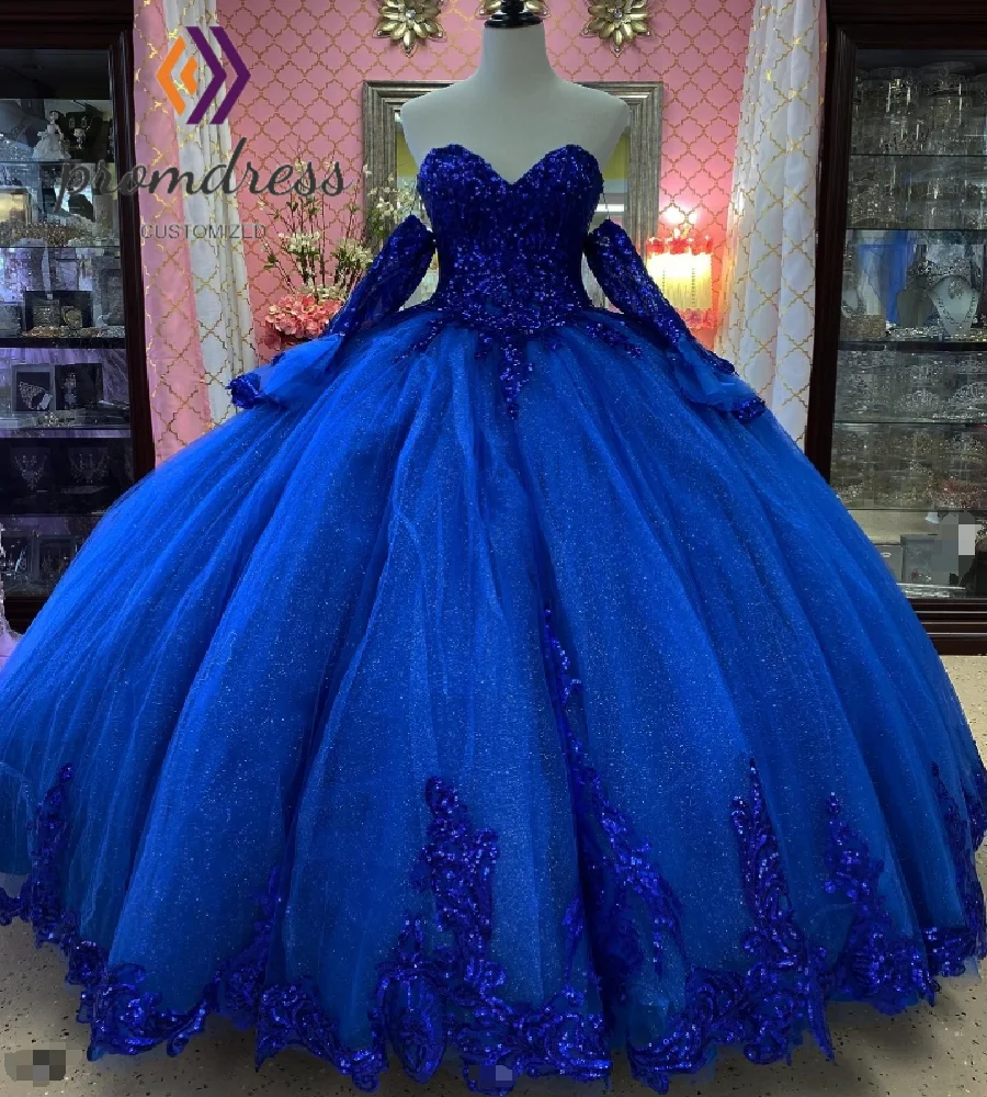 Gorgeous Royal Blue Sparkly Vestidos De 15 Quinceañera With Remove Skirt Long Sleeve Ball Gown Sweet 16 Birthday Dress Charro