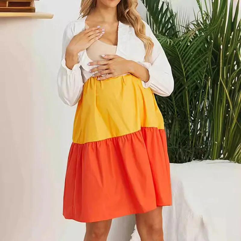 Women's Maternity V-Neck Simple Sweet Dress Long Sleeve Color Contrast Comfortable Pregnancy Wear for Spring & Summer