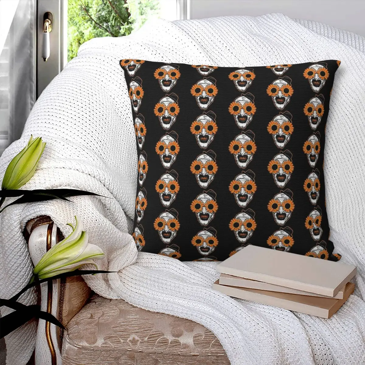 Sunflower Sunglasses Horror Clown Movie Art Terrifier 2 Square Pillowcase Pillow Cover Cushion Throw Pillow for Home Sofa