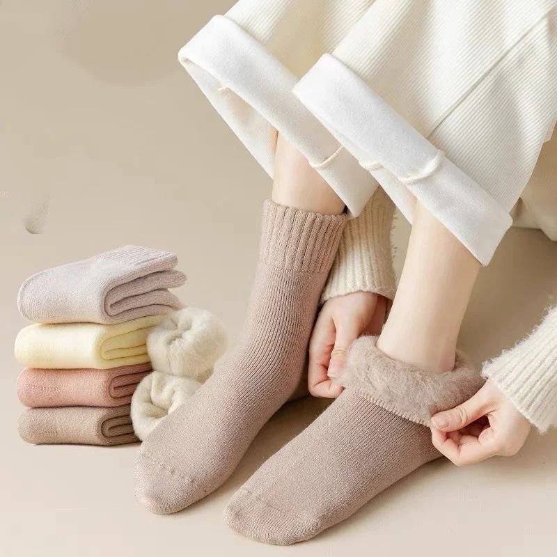 

3 Pairs Warm Cashmere Women's Postpartum Socks 2025 Winter Comfort Thick Plush Weak Color Socks Woman Soft Wool Cotton Stockings