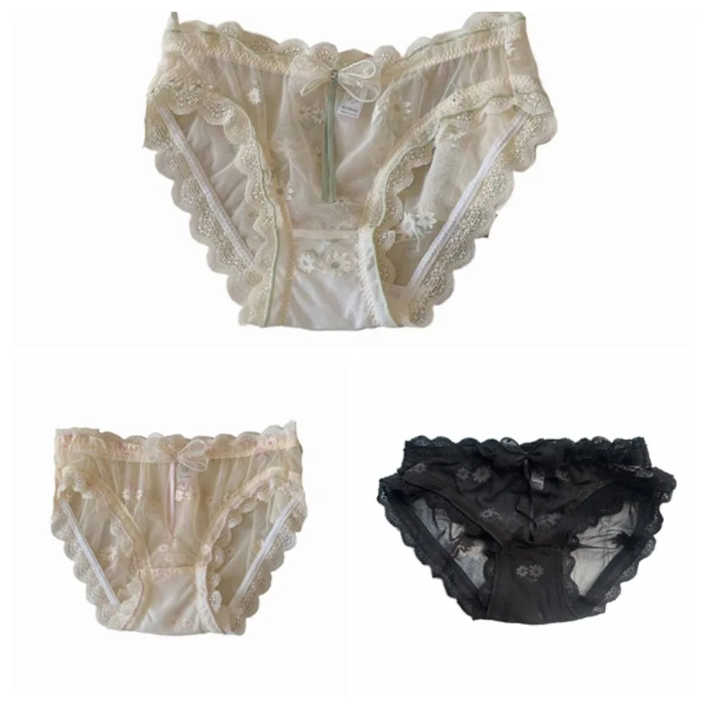 

3Pcs Bowknot Mesh Flower Underpants Transparent Mid Waist Lace Seamless Briefs Cotton Crotch Panties Underwear for Women Gifts