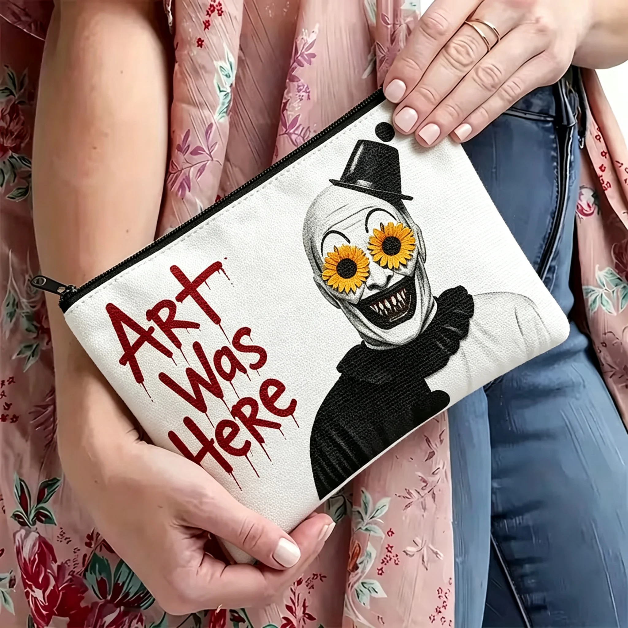 Art Was Here Clown Horror Zipper Pouch Spooky Halloween Canvas Cosmetic Bag Makeup Travel Pouch Gothic Horror Movie Fans Gift