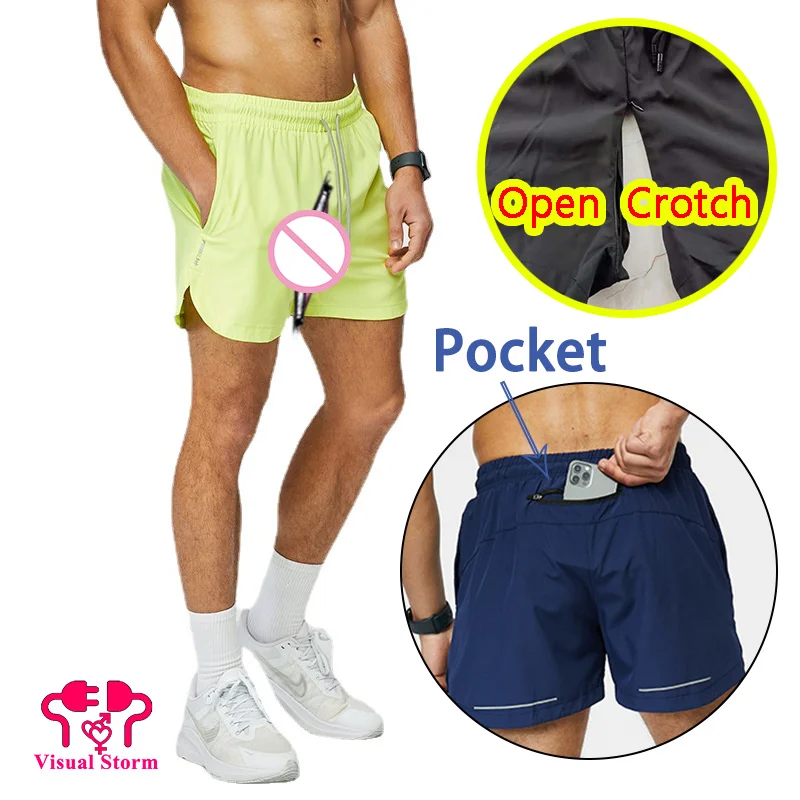 

Men Sexy Open Crotch Pants with Invisible Hidden Zippers Gym Casual Shorts Breathable Gay Easy Take Off Sport Crotchless Panties