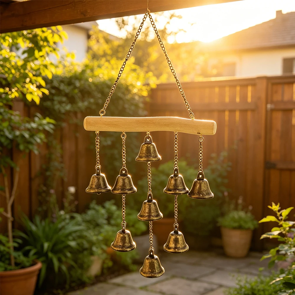 Handmade Vintage Bronze Metal Bells Wind Chime Natural Solid Wood Chain Hanging Chime for Home Garden Balcony Decro 9-Bell Chime