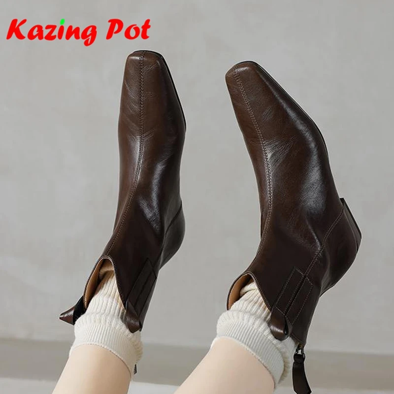 

Krazing Pot Cow Split Skin Low Heels Modern Chelsea Boots Winter Autumn Vintage Women Light Shoes Oriental Designer Ankle Boots
