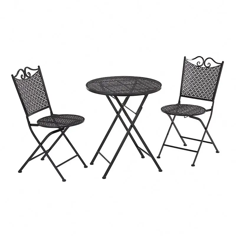 Balkon Besi Tempa Meja Lipat Santai dan Kursi Set Meja Furnitur Taman Tiga Bagian