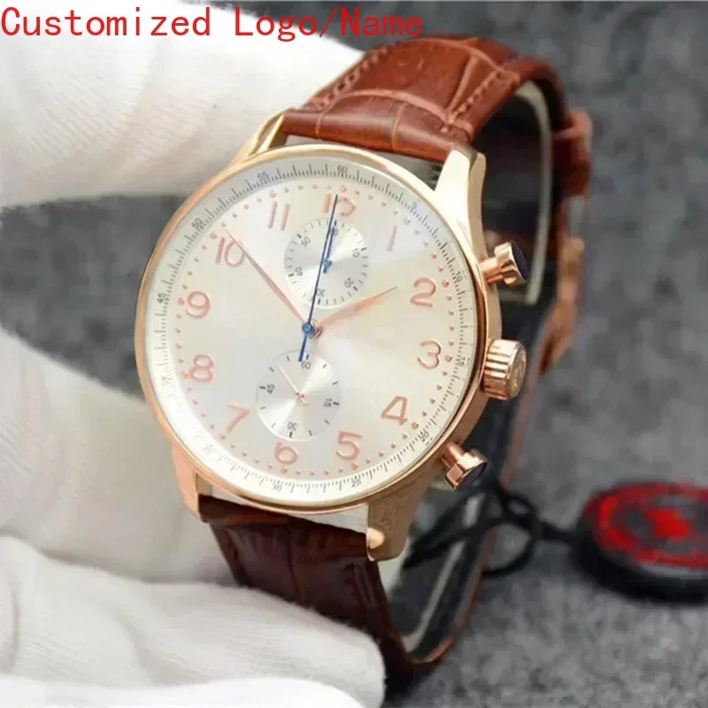 43 مللي متر البرتغالية سلسلة كوارتز كرونوغراف VK63 الطلب رجال الأعمال أسود أبيض ساعة اليد جلدية موضة ساعة مخصصة