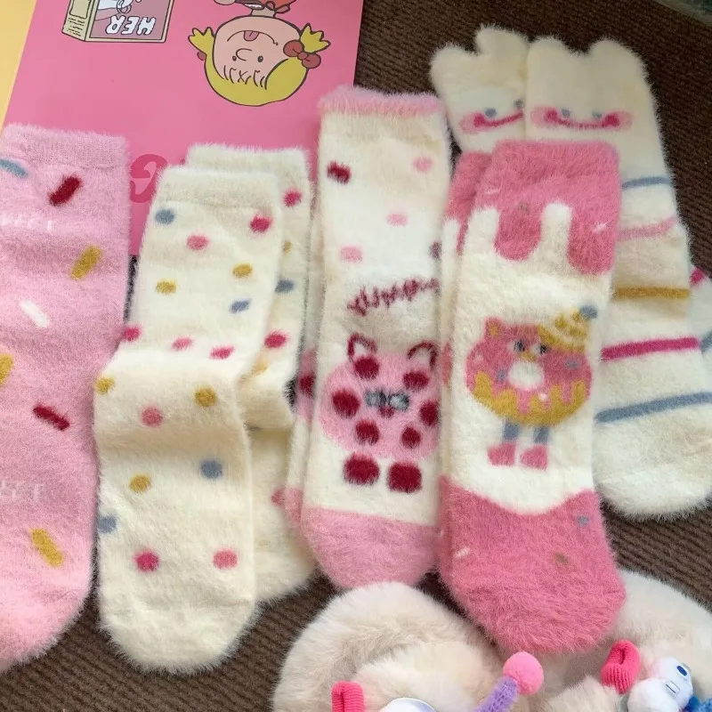 5pairs Sweet Pink Velvet Socks Women Padded Thickened Warm Sleep Socks Winter Cute Furry New Year's Gift Floor Socks 2025 Winter