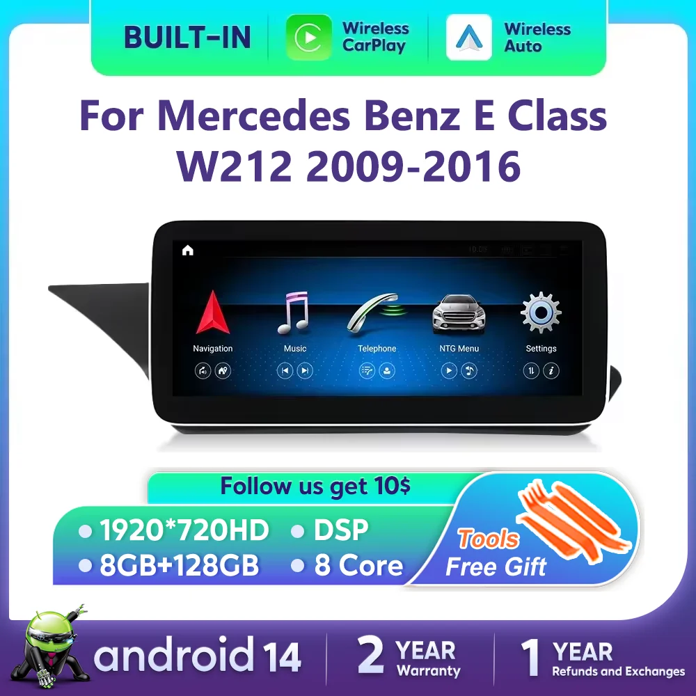 

Android 14 Wireless CarPlay Auto Radio For Mercedes Benz E Class W212 2009-2016 Car Multimedia Player Navigation GPS DSP 4G