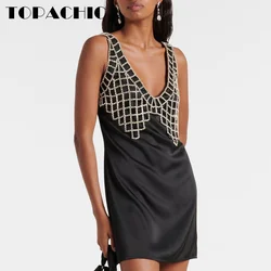 7.19 TOPACHIC-Women Crystal Mesh Diamond Decoration Sexy Deep V-Neck Mini Dress Solid Backless Sleeveless Party Evening Dresses