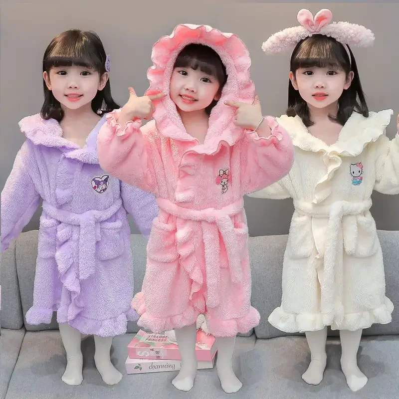 

Hello Kitty My Melody Anime Kawaii Sanrio Nightgown Fleece Baby Thickened Bathrobe Cute Kuromi Home Wear Pajamas Gifts for Kids