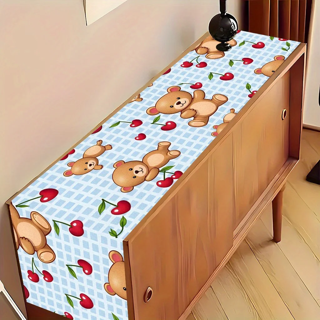2D Flat Teddy Bear & Cherry Pattern Rectangular Table Runner Farmhouse Holiday Dinner Decor for Kitchen Dining Restaurant Coffee