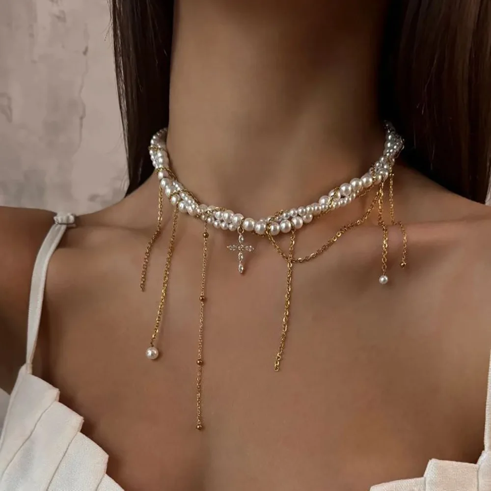 

Elegant Multilayer Imitation Pearl Choker Necklace for Women Girl Vintage Creative Tassel Pendant Necklace Wedding Gift Jewelry