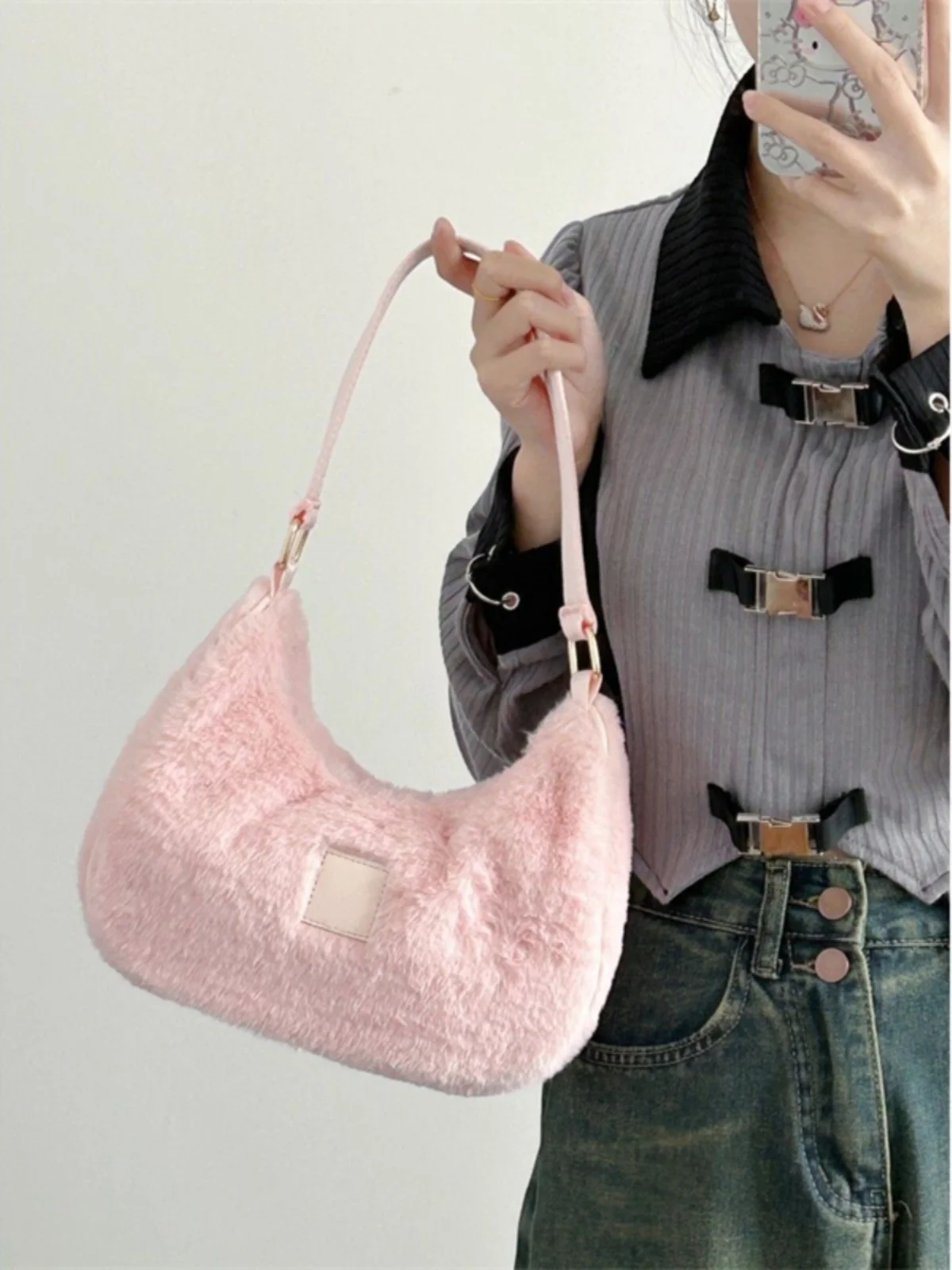 2024 New Pink Plush Underarm Bag Korean Versatile Plush Splicing PU Handheld Bag Autumn Winter Commuter Cute One Shoulder Bag