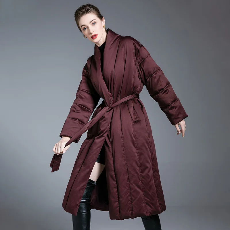 Luxury High Quality 90 White Duck Down Long Trench Coat Belted Winter Warm Women's Coat Slim Down Jacket Quilted Trend Outerwear