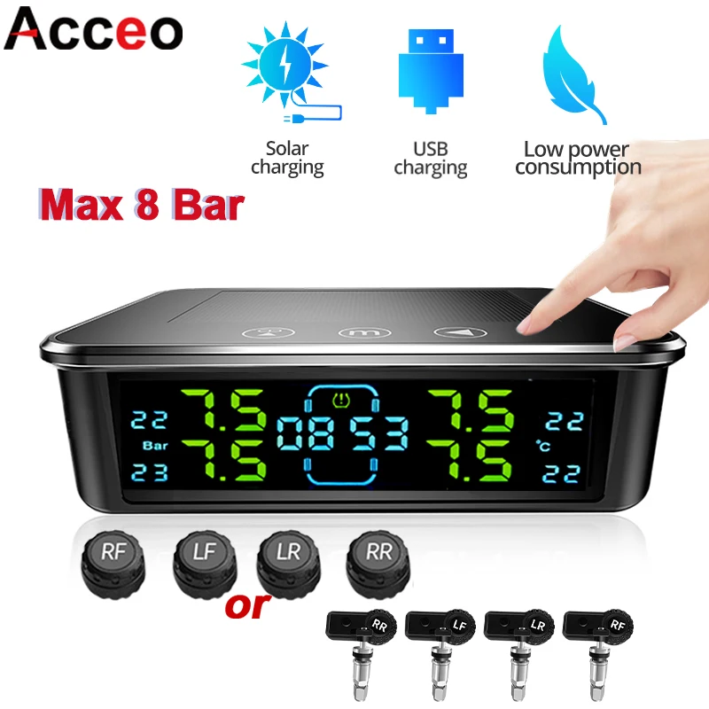 Wireless Solar TPMS Automotive Tire Pressure Monitoring System With Touchscreen Time Display and Tire Safety Alarm