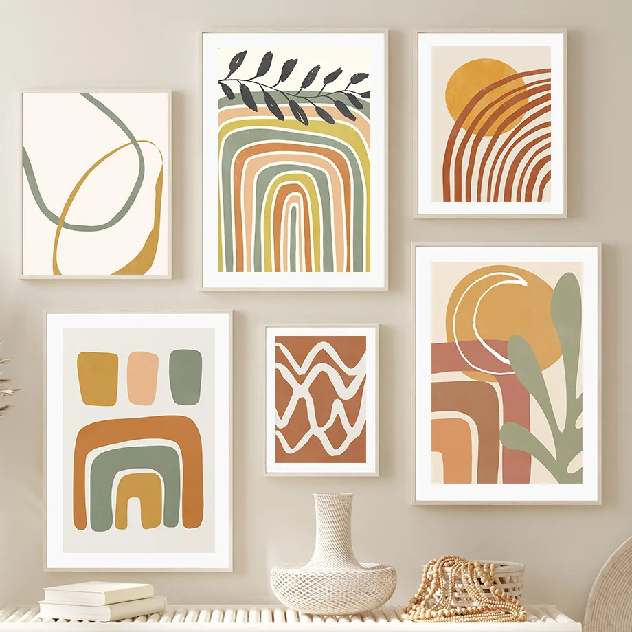 Leaves Line Rainbow Sun Moon – Geometrie Abstrakte nordische rahmenlose Leinwand für die Wanddekoration im Wohnzimmer