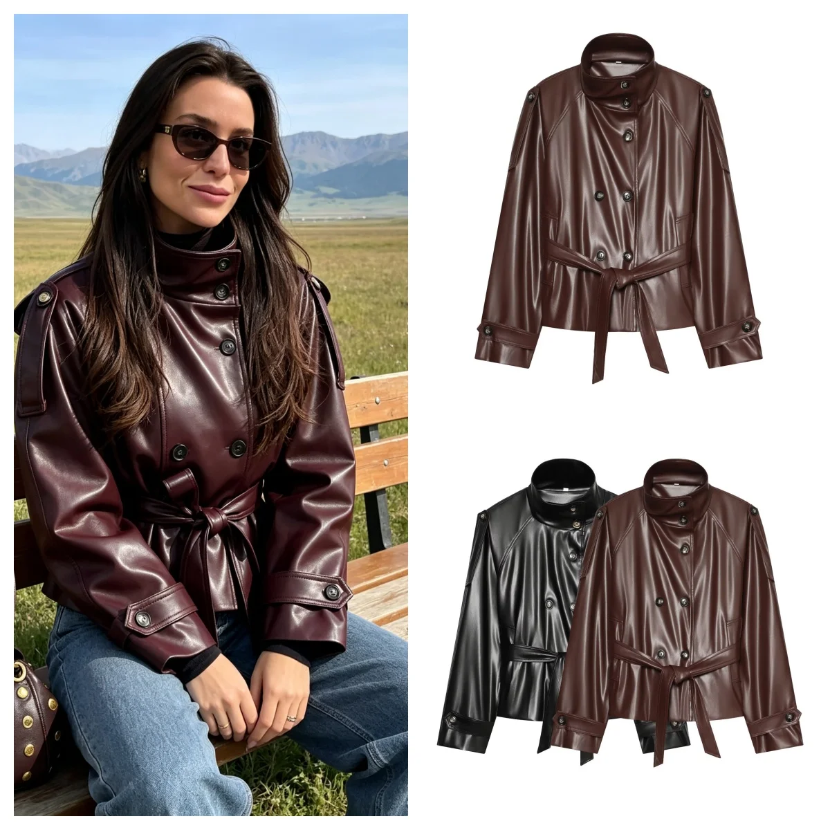 Guobioziy Women's Faux Leather Jacket 2026 Spring-Autumn New Arrival Solid Color with Button Design Euro-American Casual Fashion