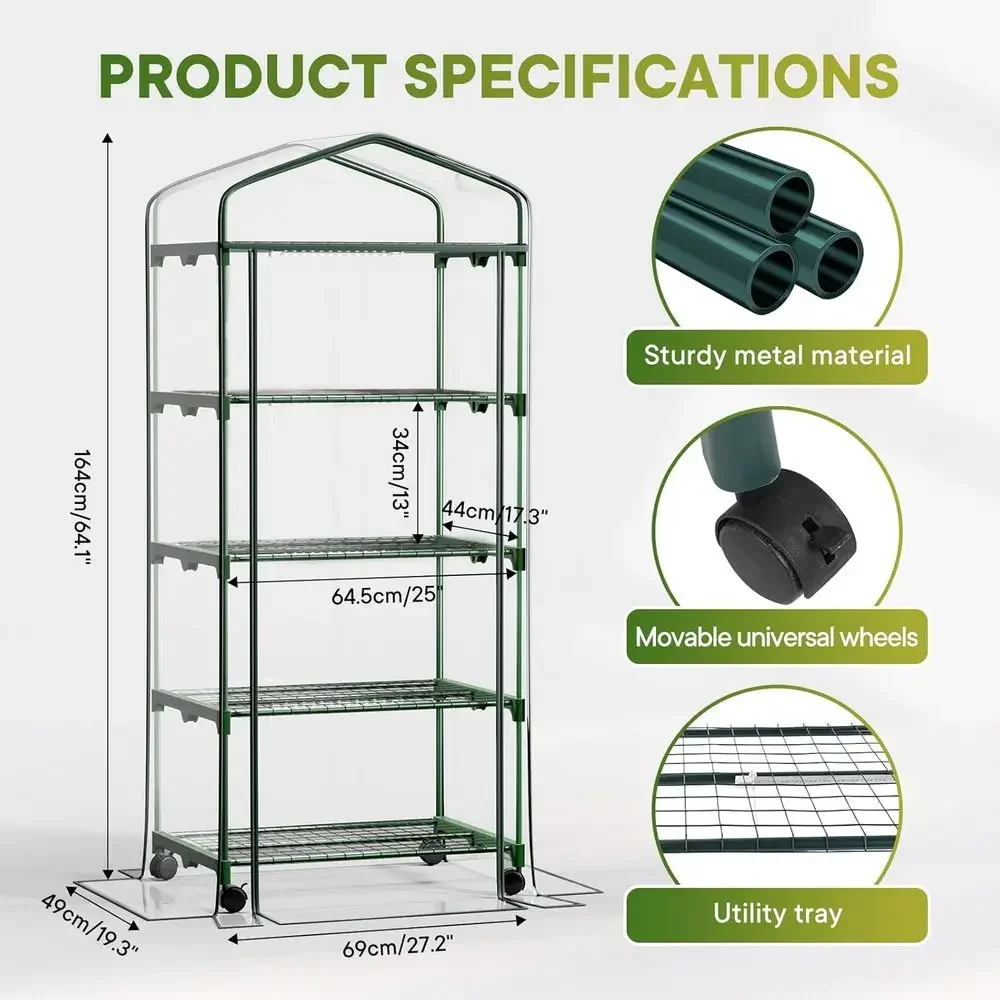 Portable 4-Tier Greenhouse with Grow Lights and Wheels for Indoor Plant and Seed Cultivation