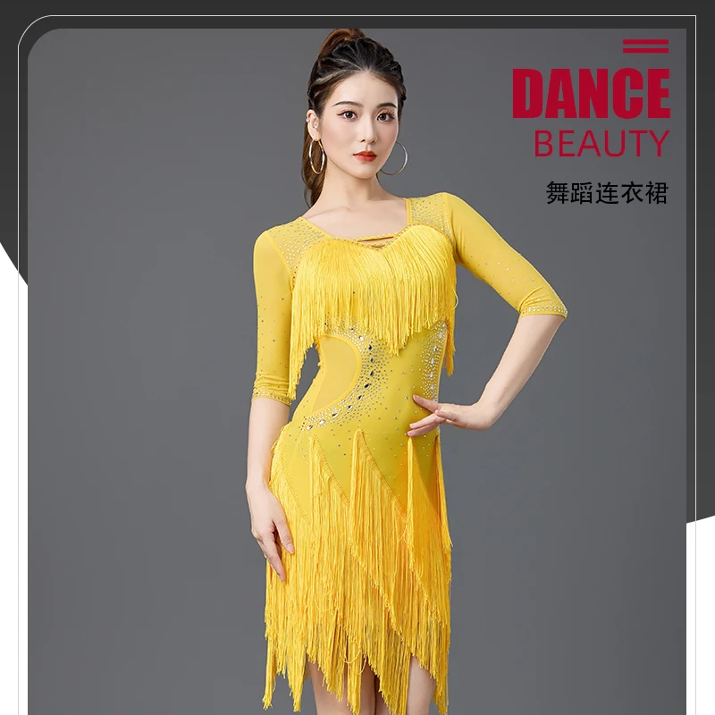 

Платье для латинских танцев, женское новое платье для бальных танцев, ча-ча, профессиональное платье для соревнований, групповое платье с цветочным узором, платье с кисточками 7031